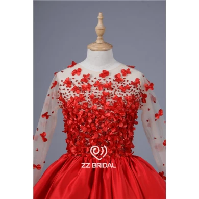 Real pictures long sleeve beaded handmade flowers see through back red short evening dress