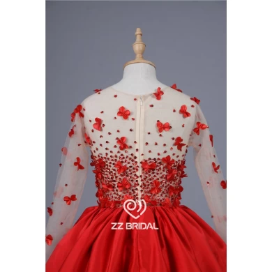 Reale Abbildungen Langarm Perlen handgefertigten Blumen sehen durch Rück roten kurzen Abendkleid