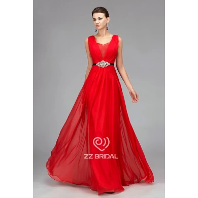 Real pictures made in China ruffled beaded floor length chiffon evening dress with belt factory