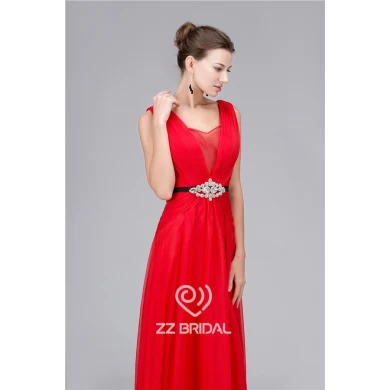 Real pictures made in China ruffled beaded floor length chiffon evening dress with belt factory