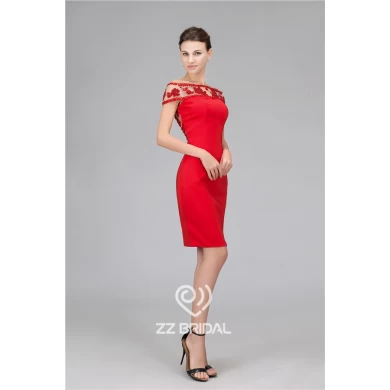 Real pictures off shoulder back out knee length red sheath evening gown manufacturer