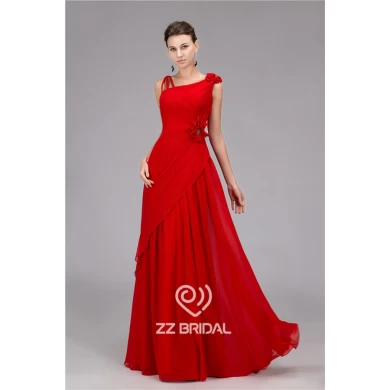 Images réelles ébouriffé rouge robe de soirée en mousseline de soie avec des fleurs à la main en Chine
