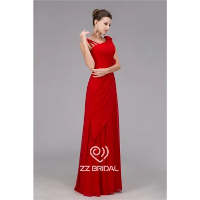 Real pictures ruffled red chiffon evening dress with handmade flowers China