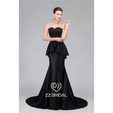 Real pictures stretch satin sweetheart neckline lace appliqued handmade pearls evening gown supplier