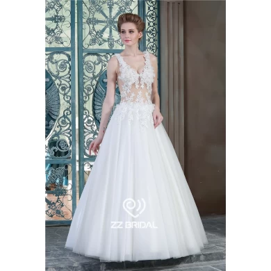 Echte foto's v-hals sexy zien door corset handgemaakte bloemen bruids jurk met een goede kwaliteit