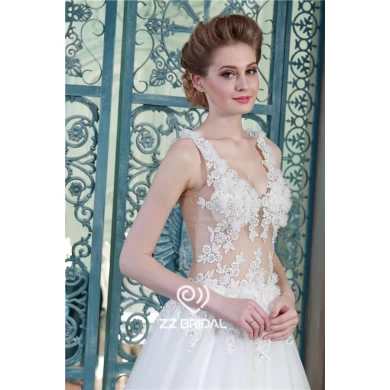 Imagens reais v-neck sexy ver através das flores artesanais espartilho vestido de noiva com boa qualidade