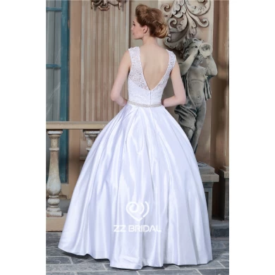 Scoop декольте рукавов гипюр кружева V-образным вырезом белое свадебное платье с юбкой