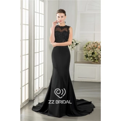 Laço preto appliqued sereia frisado longo vestido de noite de volta Sexy fabricados na China