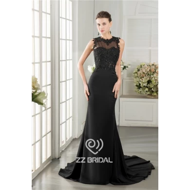 Parte posterior atractiva de encaje negro vestido de noche largo appliqued sirena de cuentas hecha en China