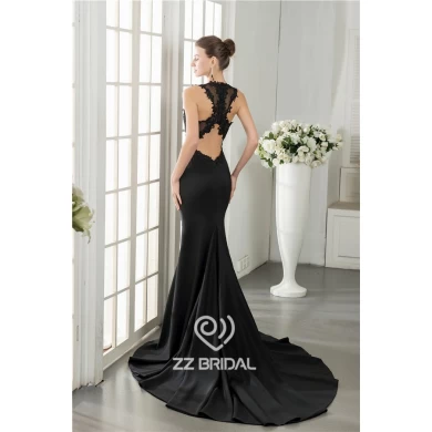 Parte posterior atractiva de encaje negro vestido de noche largo appliqued sirena de cuentas hecha en China