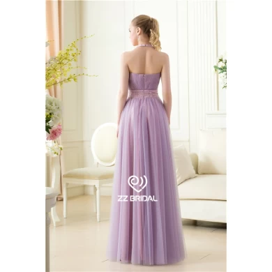 Longue robe de soirée violette sexy dos nu manches licol perles longueur de plancher
