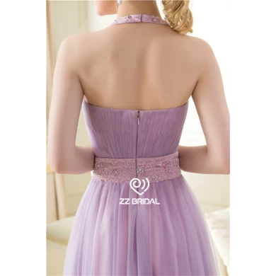 性感的露背吊脖缝珠无袖长的紫色晚礼服