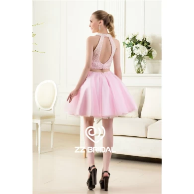 Sexy full bodice pearls halter back out two piece pink short evening dress