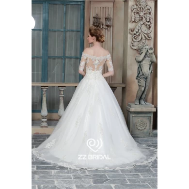 Sexy see through back off shoulder half-sleeve lace wedding gown supplier