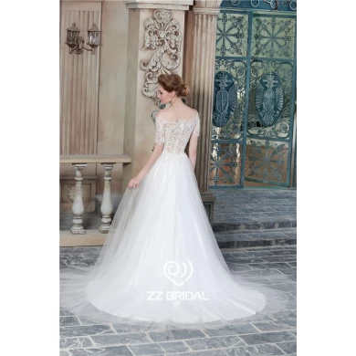 Sexy see through style short sleeve off shoulder lace appliqued A-line bridal dress China