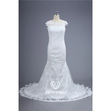 Casquillo de calidad superior ilusión manga de encaje apliques vestido de boda de la sirena con el tren hecho en China