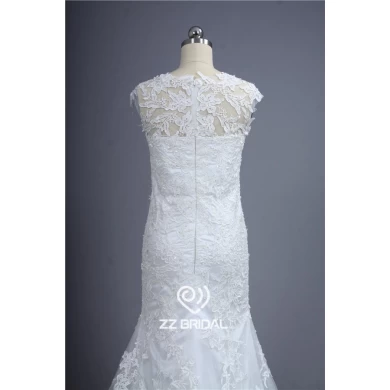 Top quality cap sleeve illusion lace appliqued mermaid wedding dress with train made in China