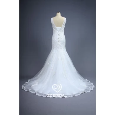 Top quality lace appliqued spaghetti strap lace-up mermaid wedding gown manufacturer