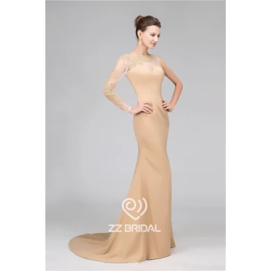 Top quality one long sleeve see through back mermaid long evening dress supplier