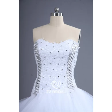 Trendy design appliqued short front long back strapless beaded bridal dress factory
