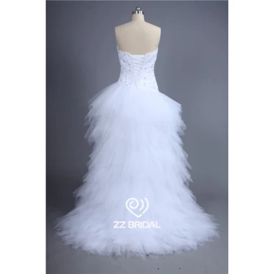 Trendy design geappliceerd korte voorzijde lange rug strapless kralen bruids jurk fabriek