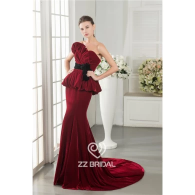 Trendy style ruffled belt with black handmade flowers Claret-red velvet full length evening dress supplier
