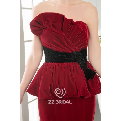 Trendy stile cintura increspato con fiori neri fatti a mano di velluto Claret-rosso lunghezza fornitore abito da sera