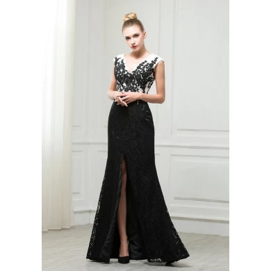 ZZ bridal 2017 V-neck and V-back lace appliqued black evening dress