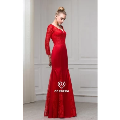 ZZ nupcial 2017 v-cuello y v-back de encaje apliques rojo vestido de noche