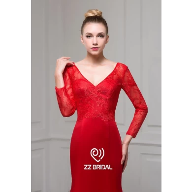 ZZ 新娘 2017 v 领和 v 背花边 appliqued 红色晚礼服