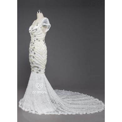 ZZ nupcial 2017 V-pescoço Cap luva frisado vestido de noiva sereia