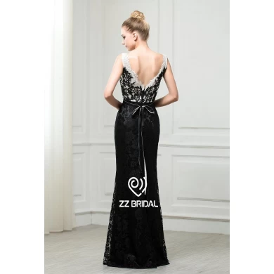 ZZ nupcial 2017 pescoço de barco e V-back renda aplicada vestido de noite preto