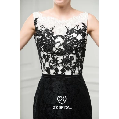 ZZ bridal 2017 boat neck and V-back lace appliqued black evening dress