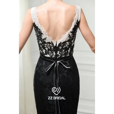 ZZ bridal 2017 boat neck and V-back lace appliqued black evening dress