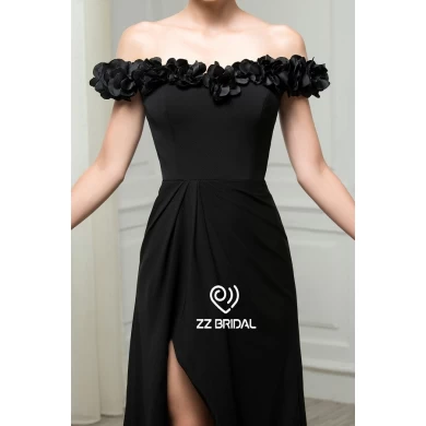ZZ nupcial 2017 flor cuello de hombro rizado Negro vestido largo de noche