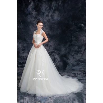 ZZ nupcial 2017 Halter cinta de renda aplicada frisado um vestido de noiva de linha
