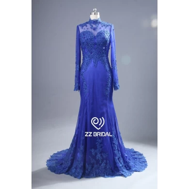 ZZ невесты 2017 Высокая шея кружево аппликуед синее длинное вечернее платье