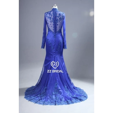 Opgestikte ZZ bruids 2017 hoge hals lace blauw lange avondjurk