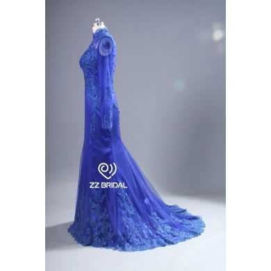Opgestikte ZZ bruids 2017 hoge hals lace blauw lange avondjurk