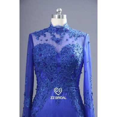 ZZ morsiamen 2017 High Neck pitsi applikaatunut sininen pitkä ilta puku