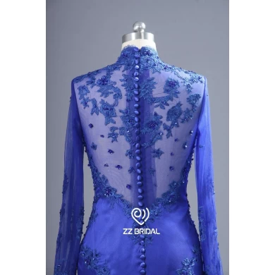 ZZ bridal 2017 high neck lace appliqued blue long evening dress