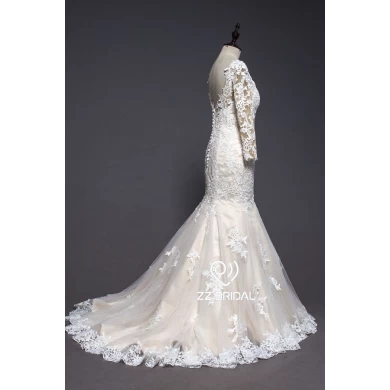 ZZ Bridal 2017 long manchon V-Back dentelle appliqued robe de mariée sirène