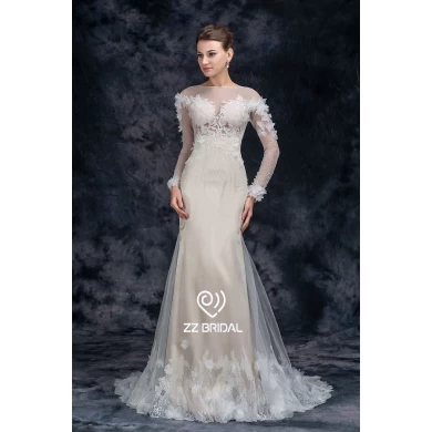 Appliqued ZZ koronki dla nowożeńców 2017 długi rękaw suknia ślubna syrena zroszony
