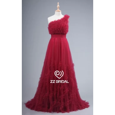 ZZ bridal 2017 one shoulder ruffled red long evening dress