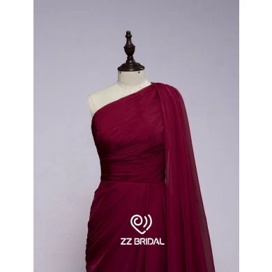 ZZ 新娘2017一肩围巾竖起红葡萄酒红色长晚礼服