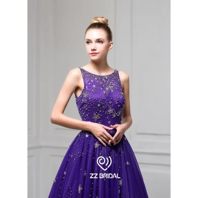 ZZ 新娘2017无袖串珠紫色 A 线长晚礼服
