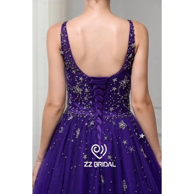 ZZ bridal 2017 sleeveless beaded purple A-line long evening dress