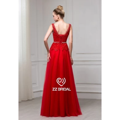 ZZ bridal 2017 sleeveless lace appliqued red A-line long evening dress