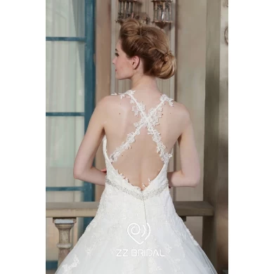 ZZ bridal 2017 spaghetti belt beaded strap lace appliqued A-line wedding dress