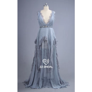 ZZ bridal V-neck and V-back ruffled silver A-line long evening dress